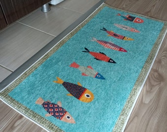 Alfombra antideslizante lavable para cocina con diseño de pescado