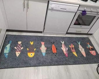Alfombra antideslizante lavable para cocina con diseño de pescado