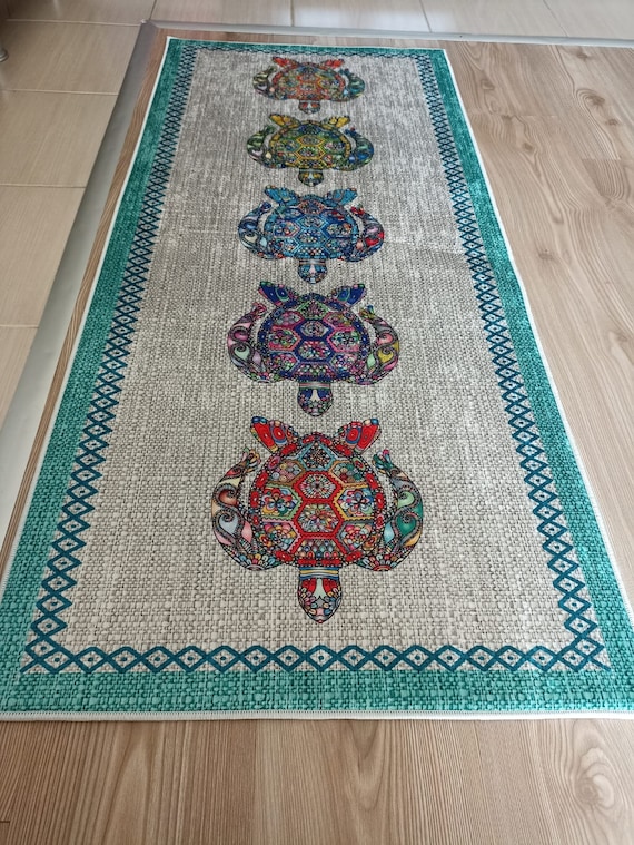 Turtle Pattern Kitchen Rug - Machine Washable Kitchen Rug - Non Slip Kitchen Mat - Decorative Carpet