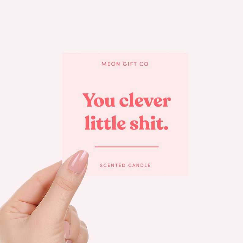 Peut inclure: Une carte carr&eacute;e rose clair avec le texte "You clever little shit" en rouge. La carte comprend &eacute;galement le texte "MEON GIFT CO" et "SCENTED CANDLE".