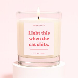 May include: A burning scented candle in a clear glass. The candle has a pink label with the text "Light this when the cat shits." The candle is on a white pedestal against a pink backdrop.