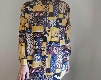 Chemise Vintage VAN ZON En Soie - Imprimé Abstrait Multicolore - Taille M - Occasion Très Bon état
