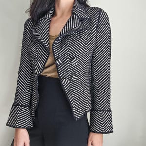 Vintage Chevron Merino Wolle Seide Kaschmir Jacke, Schwarz Weißer Carlisle Blazer, Klassischer Maßgeschneiderter Größe Mittel Klein, Kokette Midimalist Mantel