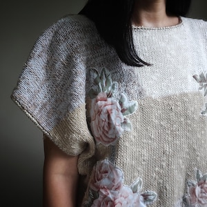 Vintage Oversized Floral Knit Sweater, Linen Cotton Rose Pullover, Korean Boho Cottagecore Top, 80s Knit Shirt