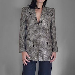 Vintage Silk Tweed Blazer, Gold Black Cream Metallic Woven Jacket, 1980s Longline Structured Blazer, Single Button Power Blazer, Size Medium