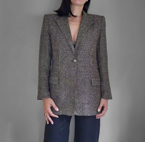 Vintage Silk Tweed Blazer, Gold Black Cream Metallic Woven Jacket