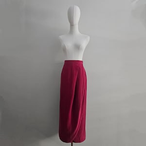 Vintage 80s  90s  100% Silk Wrap Midi Skirt in Deep Red Magenta | Minimalist High Waist Rose Pink Draped Tulip Skirt | Size Medium Large