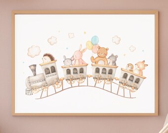 Woodland Animal Train Nursery Print, Kids Room Decor (Digital Download)