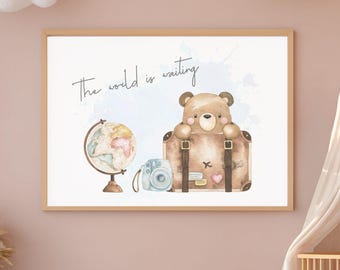Bear on Suitcase Travel Print, Nursery Decor (Digital Download)