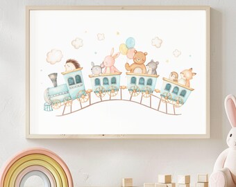 Woodland Animals Train Nursery Print, Kids Room Decor (Digital Download)