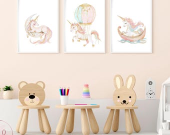 Set mit 3 Glitzer-Einhorn-Bildern, Mädchen-Kinderzimmer-Dekoration