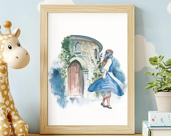 May include: A framed watercolor print featuring a person with brown hair wearing a blue and white dress, standing before a stone building with a wooden door and climbing vines, set against a soft blue watercolor wash background.