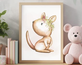 Kangaroo Nursery Print, Australian Animal Eucalyptus Wall Art