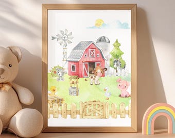 Boerderijdieren print voor de kinderkamer, aquarel boerderijtafereel