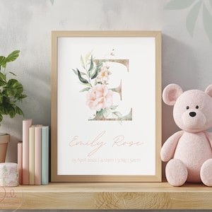 Floral Personalised Name Print - Birth Poster, Pink Floral Print, Custom Nursery Initial Print, Girls Room Decor, Pink and Green Wall Art