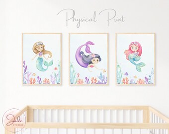 Juego de 3 láminas de sirena para habitación infantil, arte de pared de sirena, láminas de sirena para habitación de niña, decoración de sirena, lámina bajo el océano