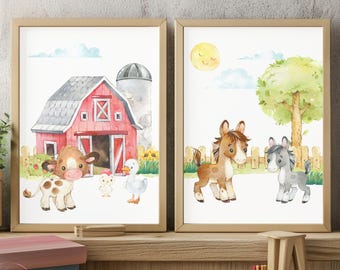 Boerderijdierenprints voor de kinderkamer, aquarel boerderijset van 2