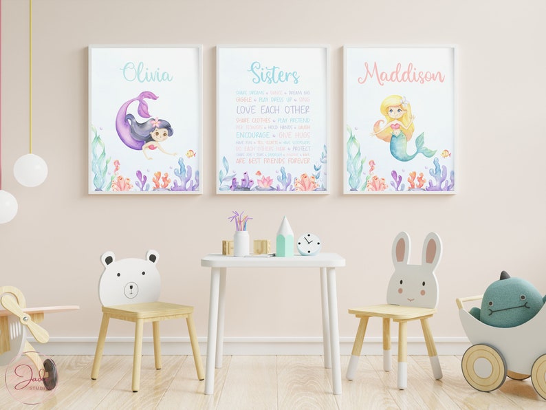 Set of 3 - Choose Any Two Mermaids - Personalised Mermaid Nursery ...