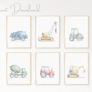 Set of 6 Construction Prints, Construction Vehicles, Boys Bedroom Wall Art, Boys Bedroom Decor, Nursery Prints