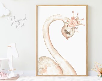 Swan wearing flower crown, Nursery Swan Print, Floral Boho Swan print, Girl Nursery Wall Art prints