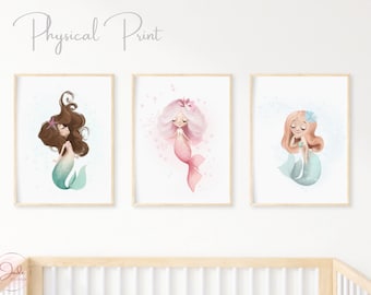 Juego de 3 láminas de sirena para habitación infantil, arte de pared de sirena, láminas de sirena para habitación de niña, decoración de sirena, lámina bajo el océano
