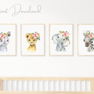 Conjunto de 4 estampas de animais safari, decoração de berçário safari, estampas rosa de berçário safari, animais da selva, leão elefante zebra rinoceronte
