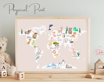 Animal World Map Print, Pink World Map, Nursery Wall Art, Watercolour World Map Print, Map of the World