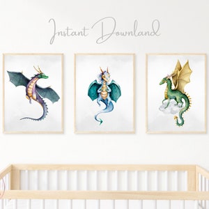 3er Set Kinder Drachen Prints, Kinderzimmer Drachen Dekor, magische Drucke, Jungen Drachen Wandkunst, freundliche Drachen