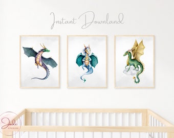 Set of 3 Kids Dragon Prints, Nursery Dragon Decor, Magical Prints, Boys Dragon Wall Art, Friendly Dragons