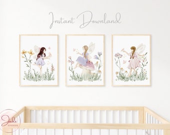 Set of 3 Fairy Garden Prints, Kids Fairy Prints, Nursery Wall Art, Nursery Fairy Theme Decor, Girls Fairy Wall Art, Floral Fairy Wall Art