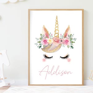 Impresión de unicornio personalizada, impresiones de unicornio para guardería, arte de pared para guardería, impresión de nombre personalizado, decoración de unicornio para habitación de niñas, impresiones de unicornio personalizadas