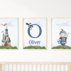 Conjunto de 3 castelos e cavaleiros, impressão de nome personalizado para meninos, impressão inicial de berçário personalizada, presentes personalizados, impressão inicial de meninos