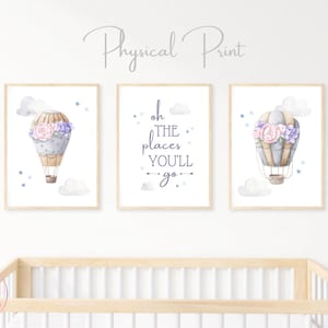Set of 3 Pink Hot Air Balloon Prints, Oh The Places You&#39;ll Go Phrase, Travel Hot Air Balloon, Girls Room Wall Art, Girls Print