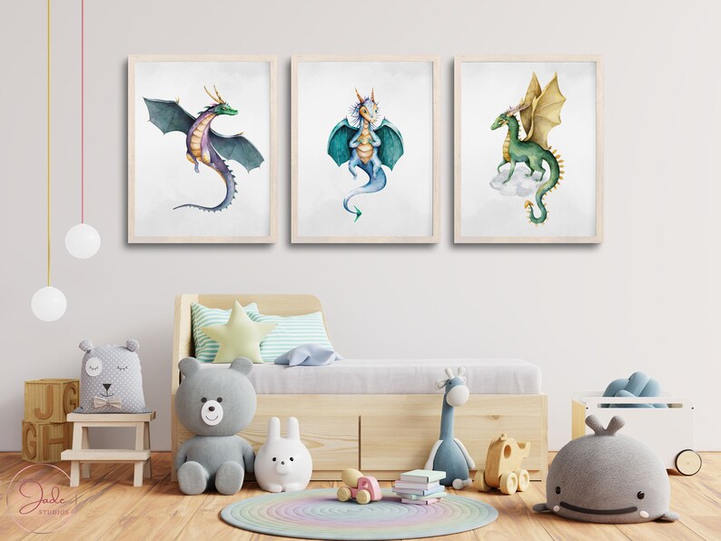 Set of 3 Kids Dragon Prints Nursery Dragon Decor Magical - Etsy