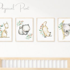 Set of 4 Australian Animals Prints, Gender Neutral, Nursery Decor, Kangaroo Koala Wombat Platypus, Pink Australian Nursery Prints