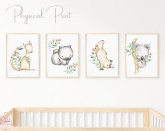 Set of 4 Australian Animals Prints, Gender Neutral, Nursery Decor, Kangaroo Koala Wombat Platypus, Pink Australian Nursery Prints