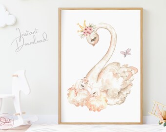 Swan wearing flower crown, Mother Swan with Cygnets, Baby Swans, Nursery Swan Print, Floral Boho Swan print, Girl Nursery Wall Art prints