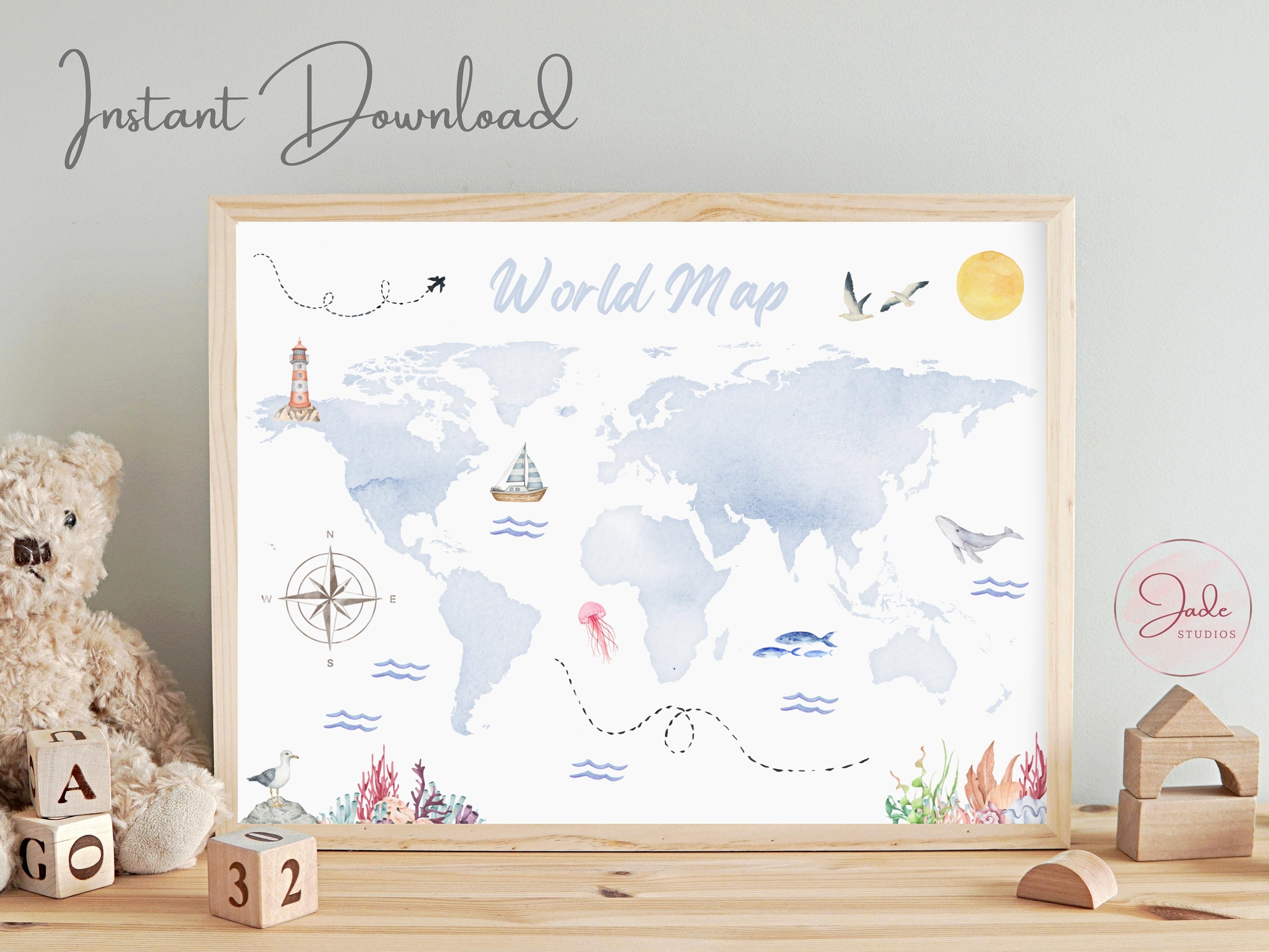 Nautical World Map Print, Gender Neutral World Map, Nursery Wall Art, Watercolour World Map Print, Map of the World