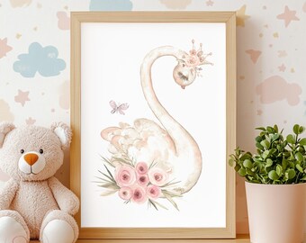 Swan Flower Crown Nursery Print, Watercolor Boho Art (Digital Download)