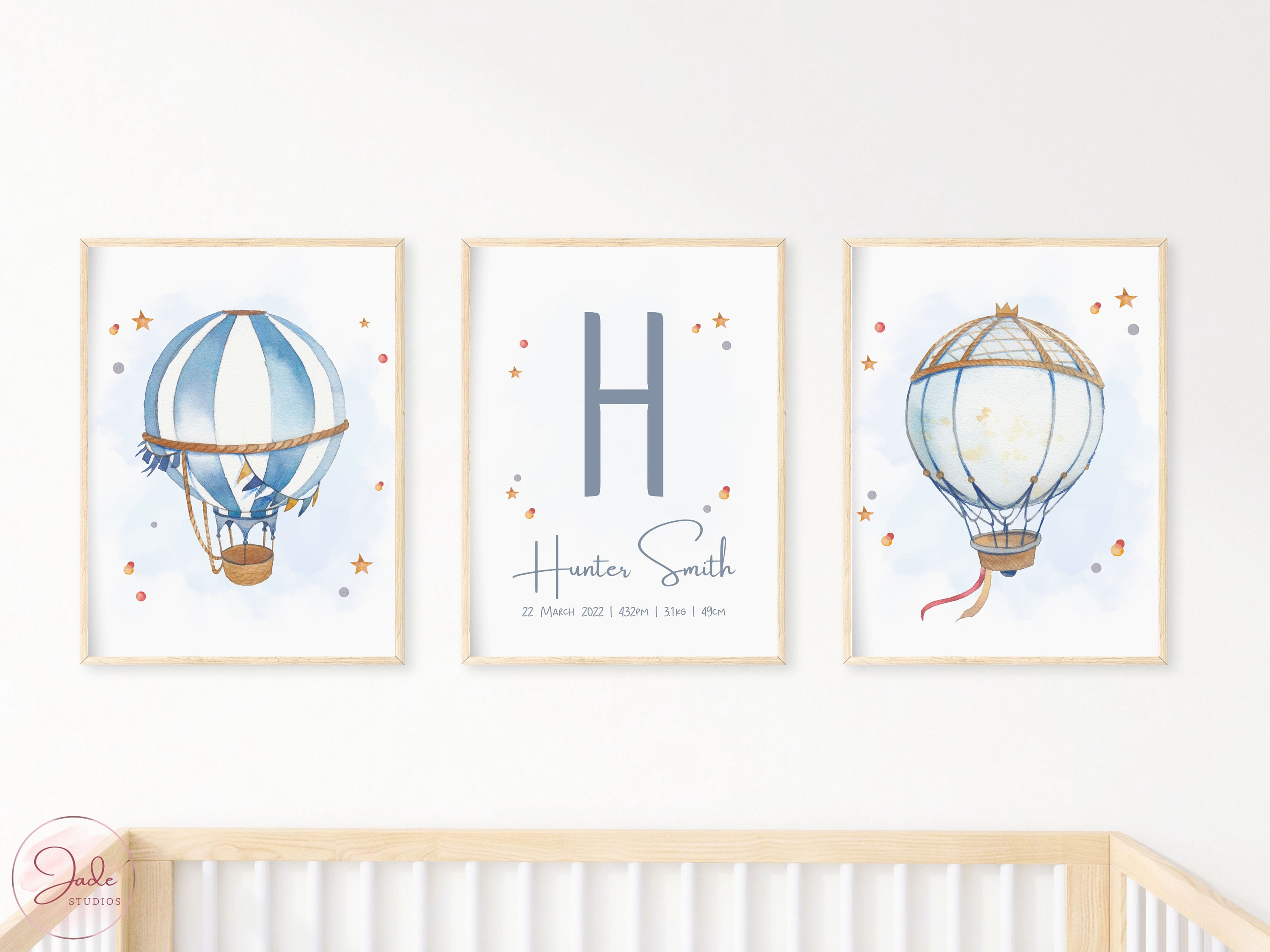 Set of 3 Personalised Hot Air Balloon Prints, Name Print, Birth Poster ...