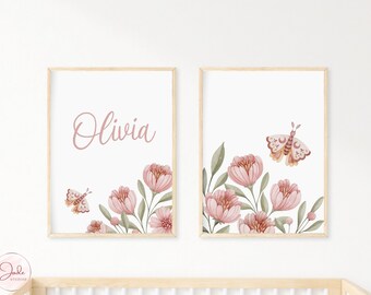 Set of 2 Personalised Name Print, Pink Floral with Butterflies, Custom Nursery Name Print, Baby Girl Gifts