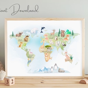 Animal World Map Print, Gender Neutral World Map, Nursery Wall Art, Watercolour World Map Print, Map of the World