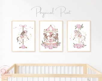 Set of 3 Pink Carousel Horses, Nursery Wall Art, Nursery Carousel Print, Merry Go Round, Nursery Carnival Prints, Nursery Circus