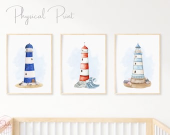 Set of 3 Nautical Lighthouse Prints, Nursery Nautical Theme, Baby Boy Nursery Decor, Baby Gifts, Nursery Wall Art, Nautical Decor