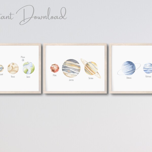 Set of 3 Planet Nursery Prints, Solar System Posters, Kids Bedroom Wall Art, Playroom Educational Print, Outer Space Theme Bedroom