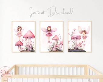 Set of 3 Fairy Garden Prints, Kids Fairy Prints, Nursery Wall Art, Nursery Fairy Theme Decor, Girls Fairy Wall Art, Whimsical Fairy Wall Art
