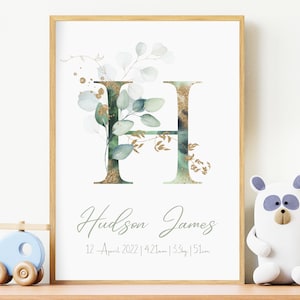 Impresión de nombre personalizada: póster de nacimiento, inicial verde botánico, impresión inicial de guardería personalizada, regalos para bebés