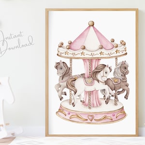 Nursery Pink Carousel Print, Nursery Wall Art, Carousel Horses, Merry Go Round, Nursery Carnival Prints, Nursery Circus