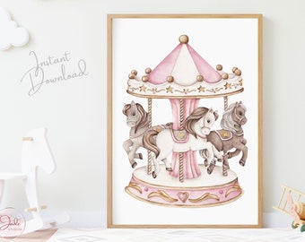 Nursery Pink Carousel Print, Nursery Wall Art, Carousel Horses, Merry Go Round, Nursery Carnival Prints, Nursery Circus