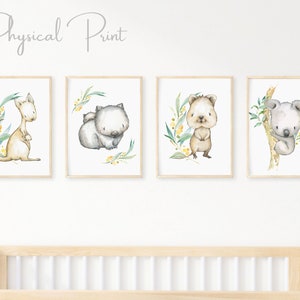Set of 4 Australian Animals Prints, Nursery Decor, Kangaroo Koala Wombat Quokka, Yellow Australian Nursery Prints